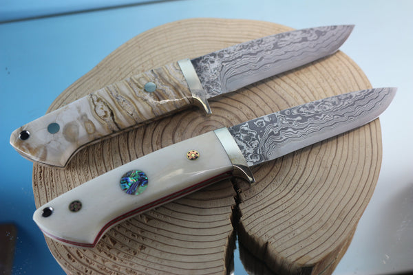 Mr. Itou  IT-570 Drop Point Hunter, 4-1/2" R2 Damascus Blade, Mammoth Molar Tooth or White Camelbone  Handle