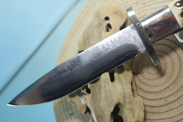 Fumio Inagaki FI-120 Marbles Folding Hunter Replica, VG-10 Damascus blade, Genuine Sambar Stag Handle with Rainbow Damascus Bolsters