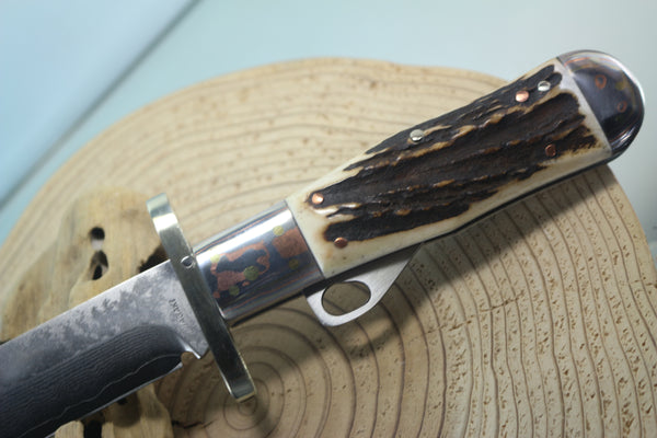 Fumio Inagaki FI-120 Marbles Folding Hunter Replica, VG-10 Damascus blade, Genuine Sambar Stag Handle with Rainbow Damascus Bolsters