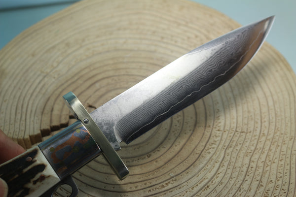 Fumio Inagaki FI-120 Marbles Folding Hunter Replica, VG-10 Damascus blade, Genuine Sambar Stag Handle with Rainbow Damascus Bolsters