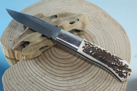 Fumio Inagaki FI-125 Jess Horn Folding Lock knife Replica, Premium Hitachi ATS-34 blade, Genuine Sambar Stag Handle with Rainbow Damascus Bolster