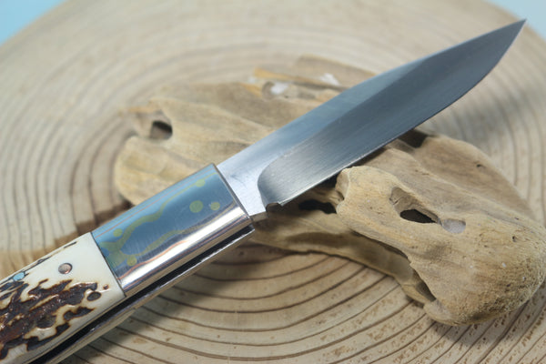 Fumio Inagaki FI-125 Jess Horn Folding Lock knife Replica, Premium Hitachi ATS-34 blade, Genuine Sambar Stag Handle with Rainbow Damascus Bolster