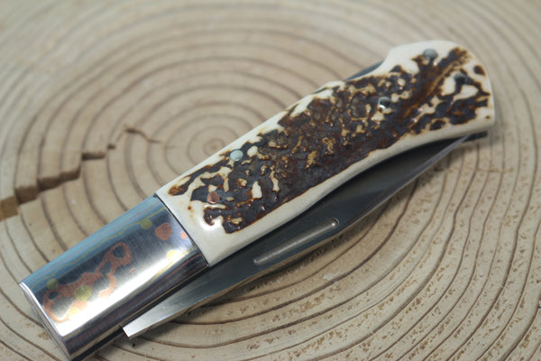 Fumio Inagaki FI-125 Jess Horn Folding Lock knife Replica, Premium Hitachi ATS-34 blade, Genuine Sambar Stag Handle with Rainbow Damascus Bolster