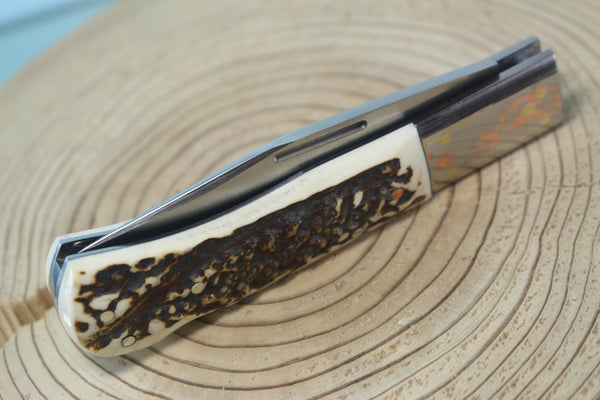Fumio Inagaki FI-125 Jess Horn Folding Lock knife Replica, Premium Hitachi ATS-34 blade, Genuine Sambar Stag Handle with Rainbow Damascus Bolster