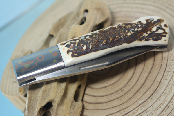 Fumio Inagaki FI-125 Jess Horn Folding Lock knife Replica, Premium Hitachi ATS-34 blade, Genuine Sambar Stag Handle with Rainbow Damascus Bolster