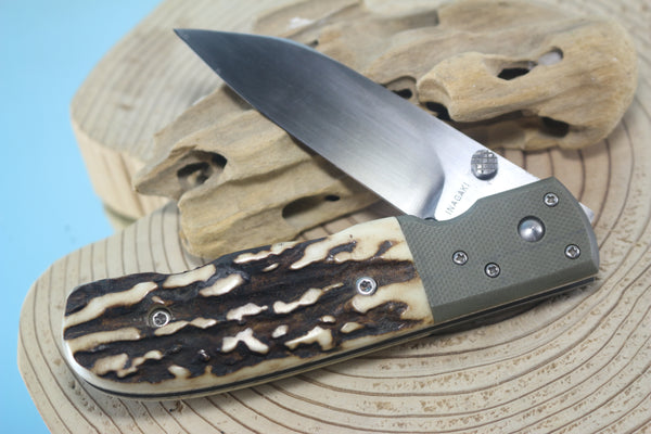 Fumio Inagaki FI-130 Folding  Stag Hunter, 3-1/4" COS-25 Cobalt Special blade, Sambar Stag Handle