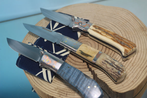Fumio Inagaki FI-145 Premium ATS-34 Folder, Exotic Handle with Damascus Mokume-Gane Bolster