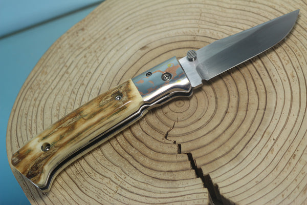 Fumio Inagaki FI-145 Premium ATS-34 Folder, Exotic Handle with Damascus Mokume-Gane Bolster