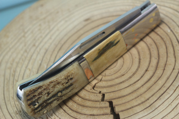 Fumio Inagaki FI-145 Premium ATS-34 Folder, Exotic Handle with Damascus Mokume-Gane Bolster