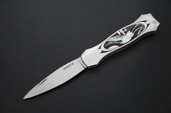 Ikuo Nagata Custom Folding Knife - IN-135 "STILETTO" Red-Crowned Crane Raden (螺鈿) Art