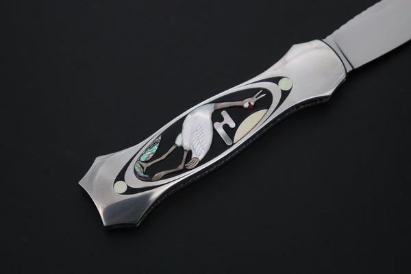Ikuo Nagata Custom Folding Knife - IN-135 "STILETTO" Red-Crowned Crane Raden (螺鈿) Art