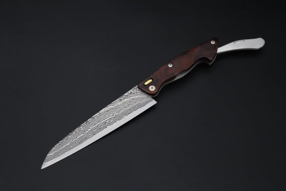 Ikuo Nagata IN-155 SPG2 Damascus Folding Santoku Hocho, Marbles style Ironwood Handle