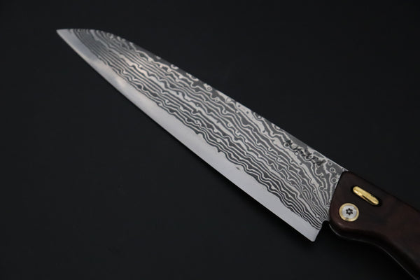 Ikuo Nagata IN-155 SPG2 Damascus Folding Santoku Hocho, Marbles style Ironwood Handle