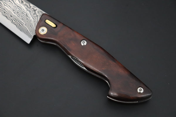 Ikuo Nagata IN-155 SPG2 Damascus Folding Santoku Hocho, Marbles style Ironwood Handle