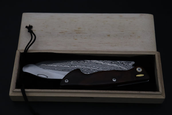 Ikuo Nagata IN-155 SPG2 Damascus Folding Santoku Hocho, Marbles style Ironwood Handle