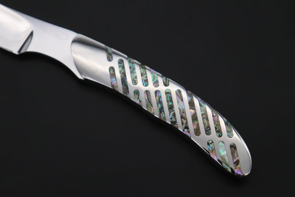 Koji Hara KH-540 M-390 Perfect Mirror Polish, Custom Utility Steak Knife "Circle Abalone"