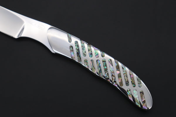 Koji Hara KH-540 M-390 Perfect Mirror Polish, Custom Utility Steak Knife "Circle Abalone"