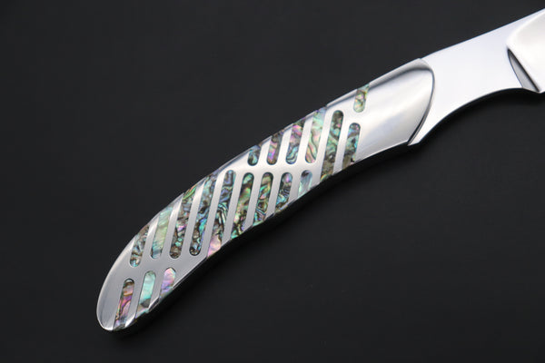 Koji Hara KH-540 M-390 Perfect Mirror Polish, Custom Utility Steak Knife "Circle Abalone"