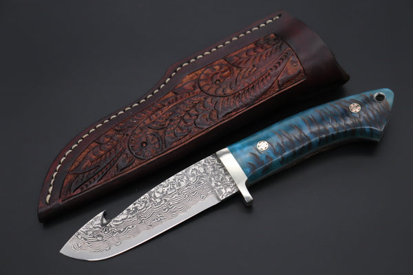 Mr. Itou  ITH-140A "Treasure Hunter Series" Custom R2 Damascus 4-1/2" Drop-point Gut-hook Hunter, Blue Color Pine Corn Handle