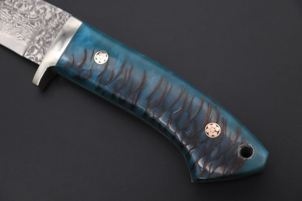 Mr. Itou  ITH-140A "Treasure Hunter Series" Custom R2 Damascus 4-1/2" Drop-point Gut-hook Hunter, Blue Color Pine Corn Handle