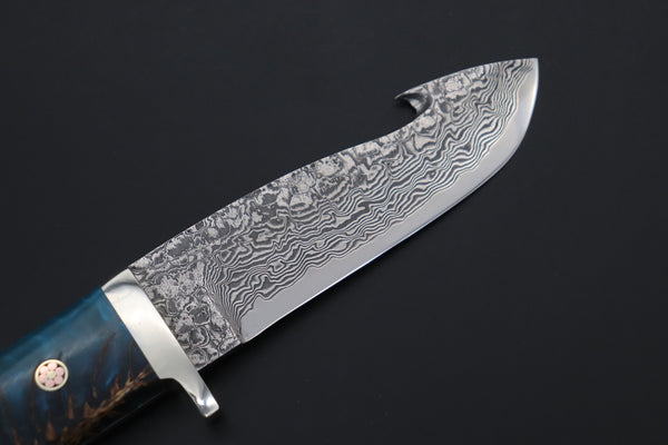 Mr. Itou  ITH-140A "Treasure Hunter Series" Custom R2 Damascus 4-1/2" Drop-point Gut-hook Hunter, Blue Color Pine Corn Handle