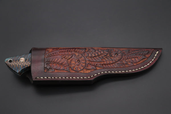 Mr. Itou  ITH-140A "Treasure Hunter Series" Custom R2 Damascus 4-1/2" Drop-point Gut-hook Hunter, Blue Color Pine Corn Handle