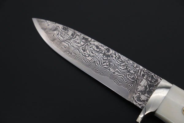 Mr. Itou  IT-520B Drop Point Hunter, 4-1/2" R2 Damascus Blade, White Camelbone  Handle