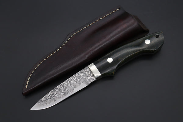 Mr. Itou  IT-610A Drop Point Utility Hunter, 3-1/2" R-2 Damascus Blade, Green Maple Burl wood Handle