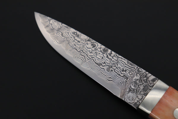 Mr. Itou IT-420A Drop Point Utility Hunter, 3-3/4" R-2 Damascus Blade, Orange Camelbone Handle