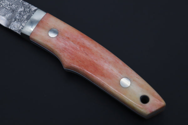 Mr. Itou IT-420A Drop Point Utility Hunter, 3-3/4" R-2 Damascus Blade, Orange Camelbone Handle