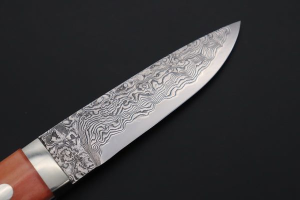 Mr. Itou IT-420A Drop Point Utility Hunter, 3-3/4" R-2 Damascus Blade, Orange Camelbone Handle