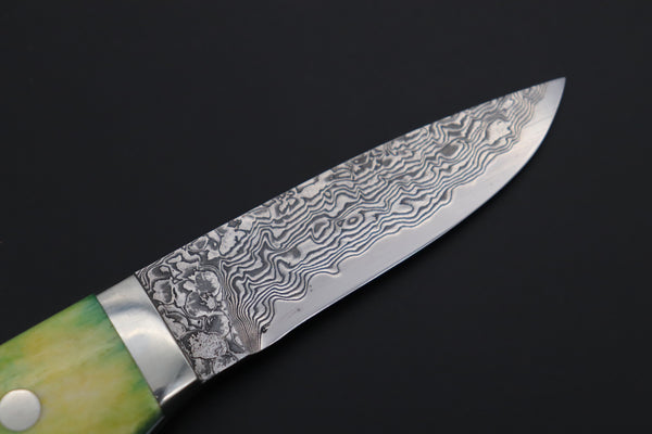 Mr. Itou  IT-430A Drop Point Utility Hunter, 3-1/2" R-2 Damascus Blade, Green Camelbone Handle