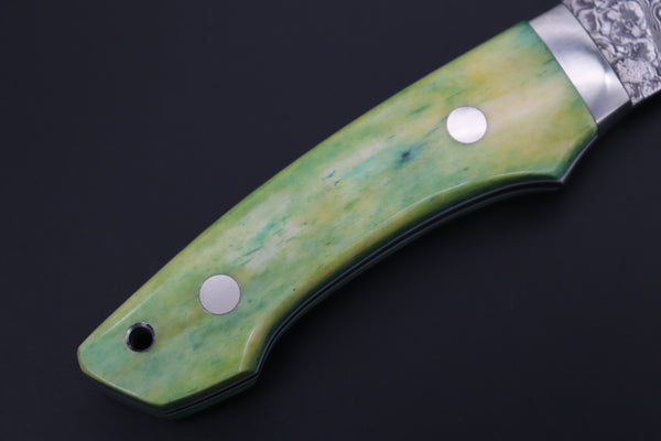 Mr. Itou  IT-430A Drop Point Utility Hunter, 3-1/2" R-2 Damascus Blade, Green Camelbone Handle