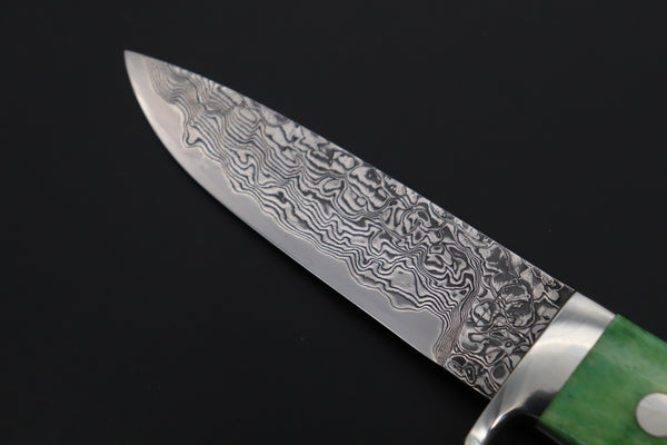 Mr. Itou IT-430B Drop Point Utility Hunter, 3-1/2" R2 Damascus Blade, Green Camelbone Handle