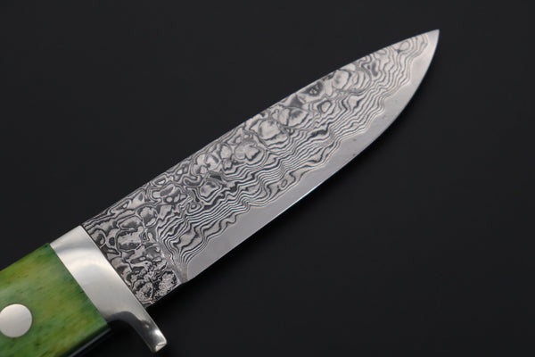 Mr. Itou IT-430B Drop Point Utility Hunter, 3-1/2" R2 Damascus Blade, Green Camelbone Handle