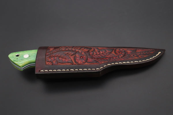 Mr. Itou IT-430B Drop Point Utility Hunter, 3-1/2" R2 Damascus Blade, Green Camelbone Handle