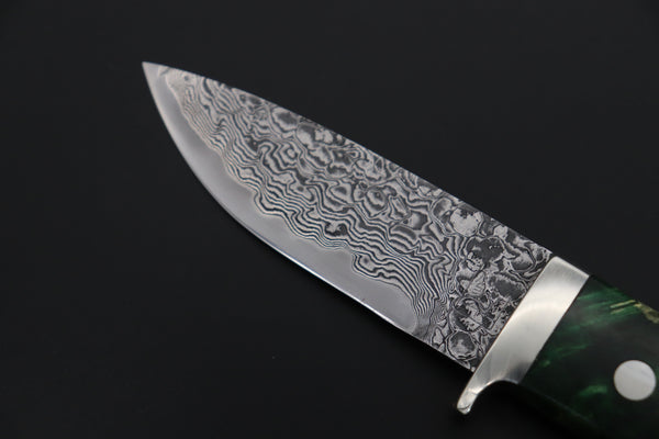 Mr. Itou  IT-580A Drop Point Hunter, 3-5/8" R-2 Damascus Blade, Green Maple Burl Handle