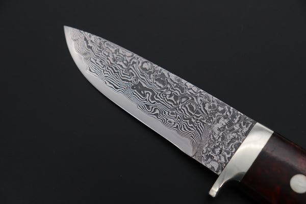 Mr. Itou  IT-580B Drop Point Hunter, 3-5/8" R2 Damascus Blade, Quince Burl wood Handle