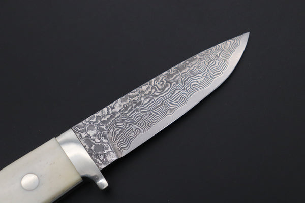 Mr. Itou  IT-460A Drop Point Hunter, 3-5/8" R2 Damascus Blade, White Camelbone Handle with Abalone inlay