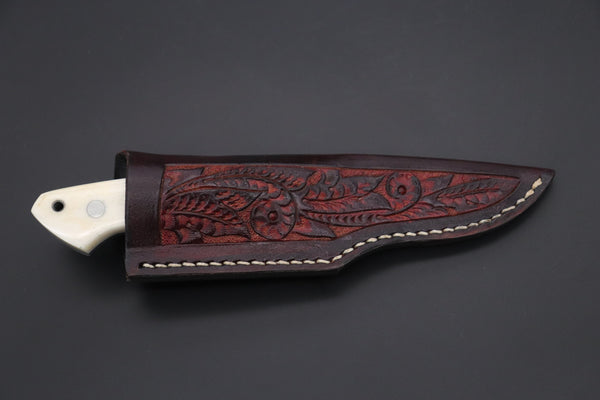 Mr. Itou  IT-460A Drop Point Hunter, 3-5/8" R2 Damascus Blade, White Camelbone Handle with Abalone inlay