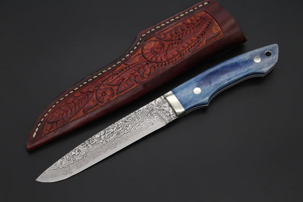 Mr. Itou  IT-540B Drop Point Hunter, 5-1/2" R-2 Damascus Blade, Blue Color Camelbone Handle