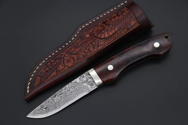 Mr. Itou IT-620B Drop Point Utility Hunter, 3-3/4" R-2 Damascus Blade, Premium Quince Burl wood Handle