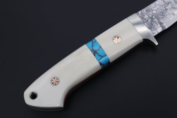 Mr. Itou  IT-460B Drop Point Hunter, 3-1/8" R-2 Damascus Blade, White Camelbone Handle with Turquoise inlay