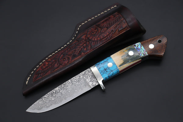 Mr. Itou  ITH-85B  "Treasure Hunter Series" Custom R-2 Damascus 4-1/4" Drop-point Hunter, Blue Mammoth Tusk  Ivory Handle