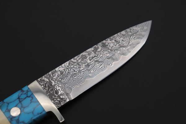 Mr. Itou  ITH-85B  "Treasure Hunter Series" Custom R-2 Damascus 4-1/4" Drop-point Hunter, Blue Mammoth Tusk  Ivory Handle