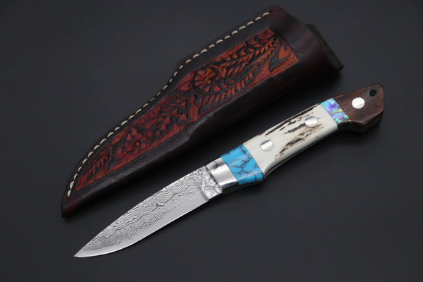 Mr. Itou  ITH-110B  "Treasure Hunter Series" Custom R-2 Damascus 3-1/4" Drop-point Hunter, Ezo Deer Horn Custom Combination Handle