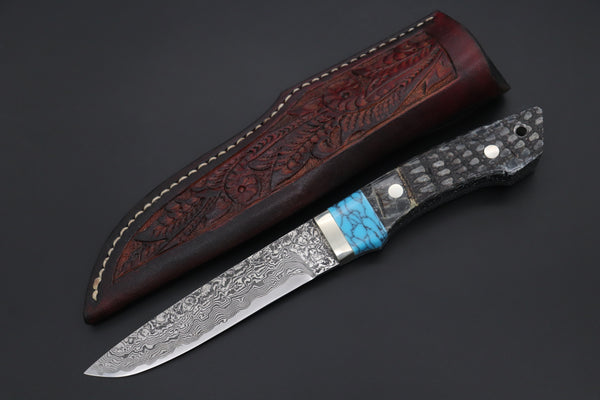 Mr. Itou  ITH-145A  "Treasure Hunter Series" Custom R2 Damascus 5" Drop-point Hunter, Armadillo Black Hide Handle