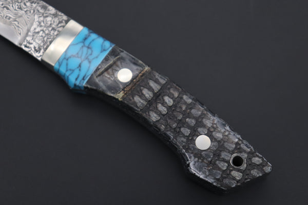 Mr. Itou  ITH-145A  "Treasure Hunter Series" Custom R2 Damascus 5" Drop-point Hunter, Armadillo Black Hide Handle