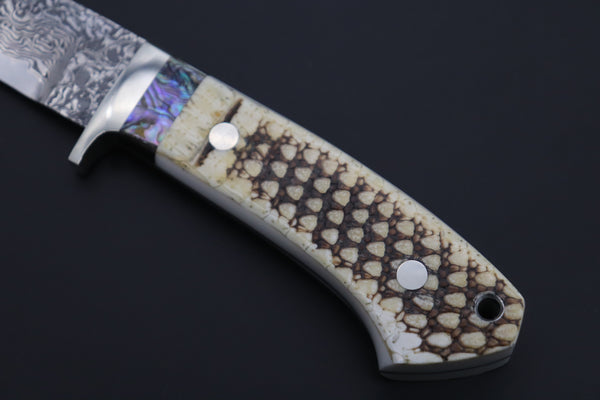 Mr. Itou  ITH-150B  "Treasure Hunter Series" Custom R-2 Damascus 4-1/2" Drop-point Hunter, Armadillo 'Dots texture" Hide Handle