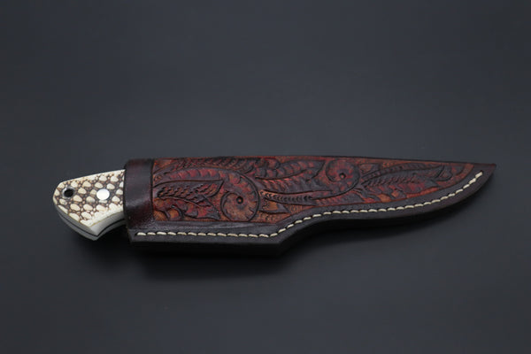 Mr. Itou  ITH-150B  "Treasure Hunter Series" Custom R-2 Damascus 4-1/2" Drop-point Hunter, Armadillo 'Dots texture" Hide Handle